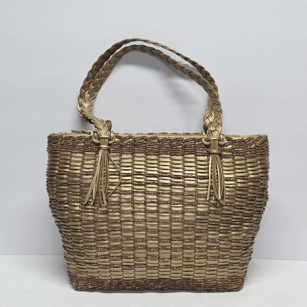 Vintage Monsac Originals Handbag Gold Leather Braided Weave Tasseled Boho Purse
